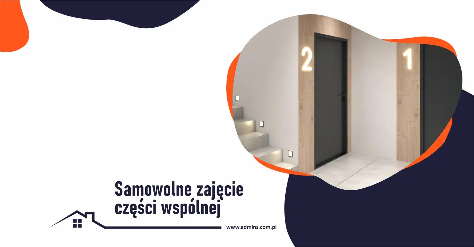 Nowoczesne schody i drzwi z numerami 1 i 2. Tekst: 