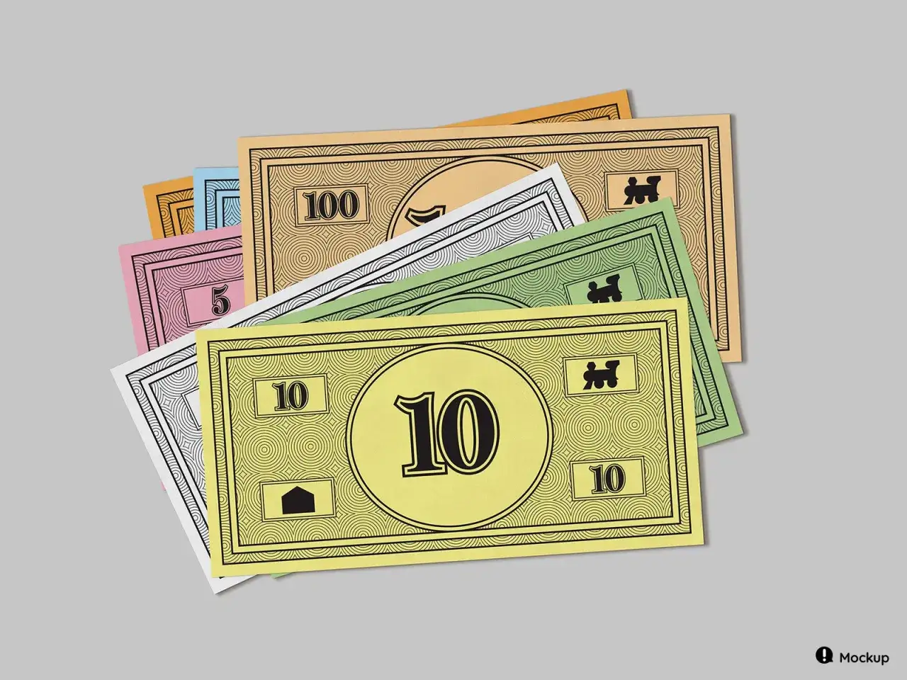 Kolorowe banknoty Monopoly: 5, 10, 100. Zaczynasz grę z 1500$.