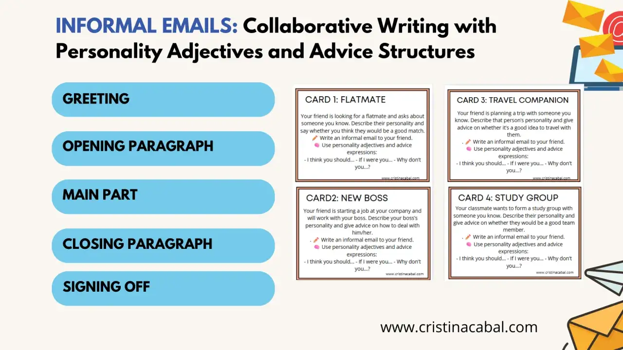 Gu&iacute;a para escribir una contestaci&oacute;n email informal en ingl&eacute;s, con ejemplos de tarjetas para practicar.
