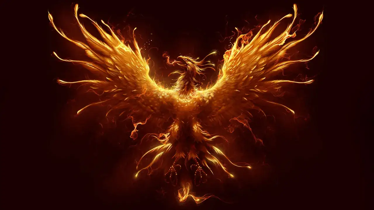 Un majestueux ph&eacute;nix mythologique, aux ailes flamboyantes, rena&icirc;t de ses cendres dans une explosion de lumi&egrave;re dor&eacute;e et orang&eacute;e.