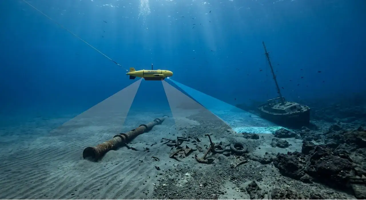 Ein gelbes **research vessel** untersucht ein Unterwasserrohr und ein Schiffswrack.