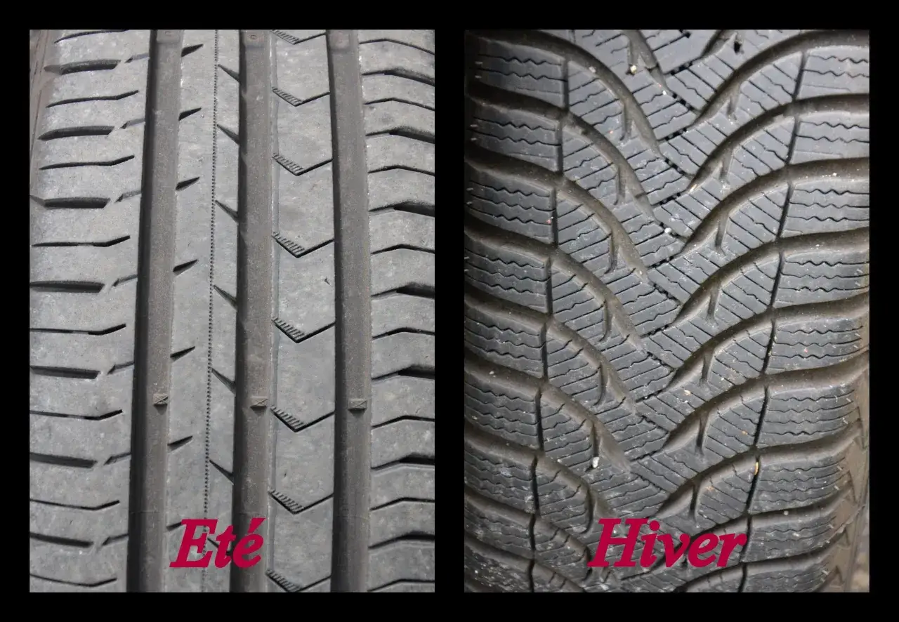 Comparaison de pneus : bande de roulement d'été lisse vs. bande de roulement d'hiver agressive. Pourquoi les pneus 4 saisons sont à éviter pour une sécurité optimale.