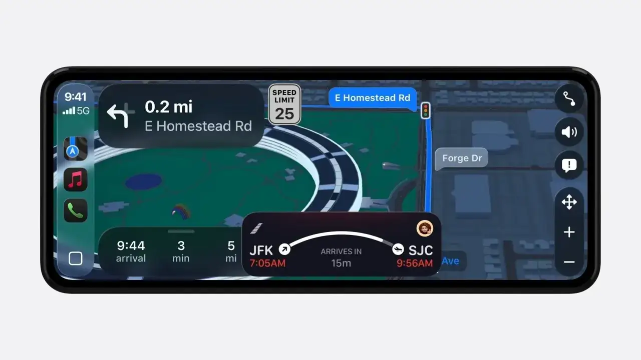 Nawigacja w samochodzie przez CarPlay pokazuje trasę, prędkość 25 mph i czas przyjazdu.