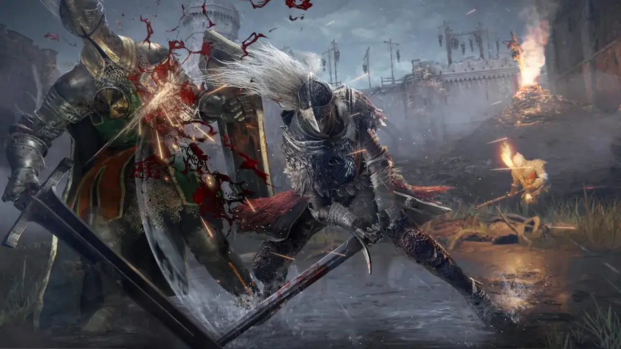 Un guerrero con armadura plateada y capa roja se enfrenta a un oponente blindado en una batalla épica, típica de los **Elden Ring bosses**.