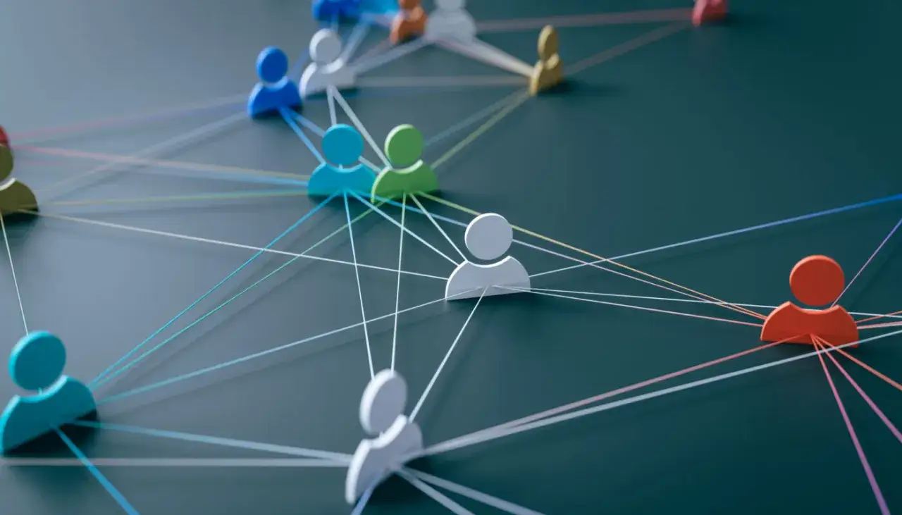 F&auml;rgade figurer kopplade med linjer, som en visuell omorganisation checklista f&ouml;r att f&ouml;rst&aring; n&auml;tverk och relationer.