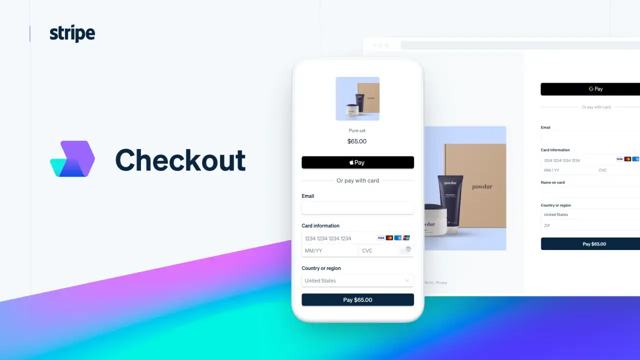 Stripe to platforma płatności online. Widzisz formularz płatności za zestaw za 65 USD, z opcją płatności kartą lub Google Pay.