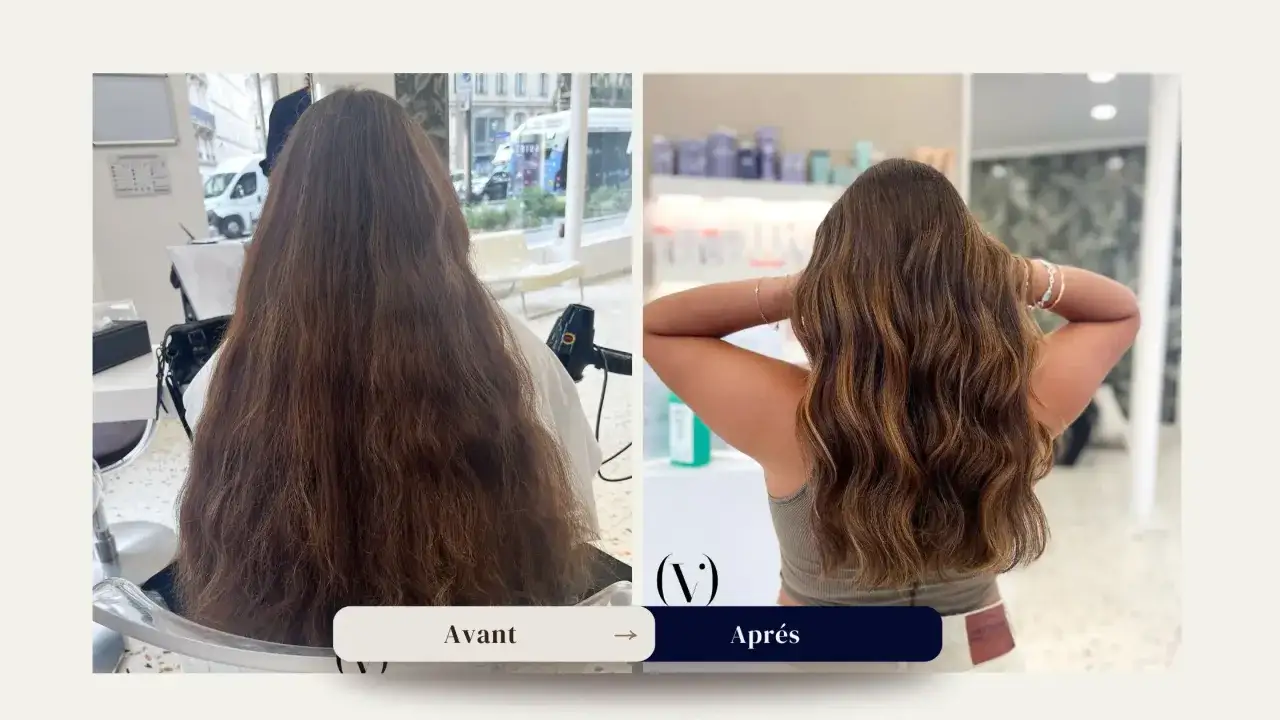 Avant/Apr&egrave;s : une transformation subtile de balayage sur brune, apportant lumi&egrave;re et mouvement &agrave; une chevelure longue et &eacute;paisse.
