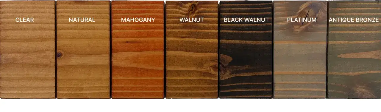 Swatches show Douglas fir staining options: Clear, Natural, Mahogany, Walnut, Black Walnut, Platinum, and Antique Bronze.