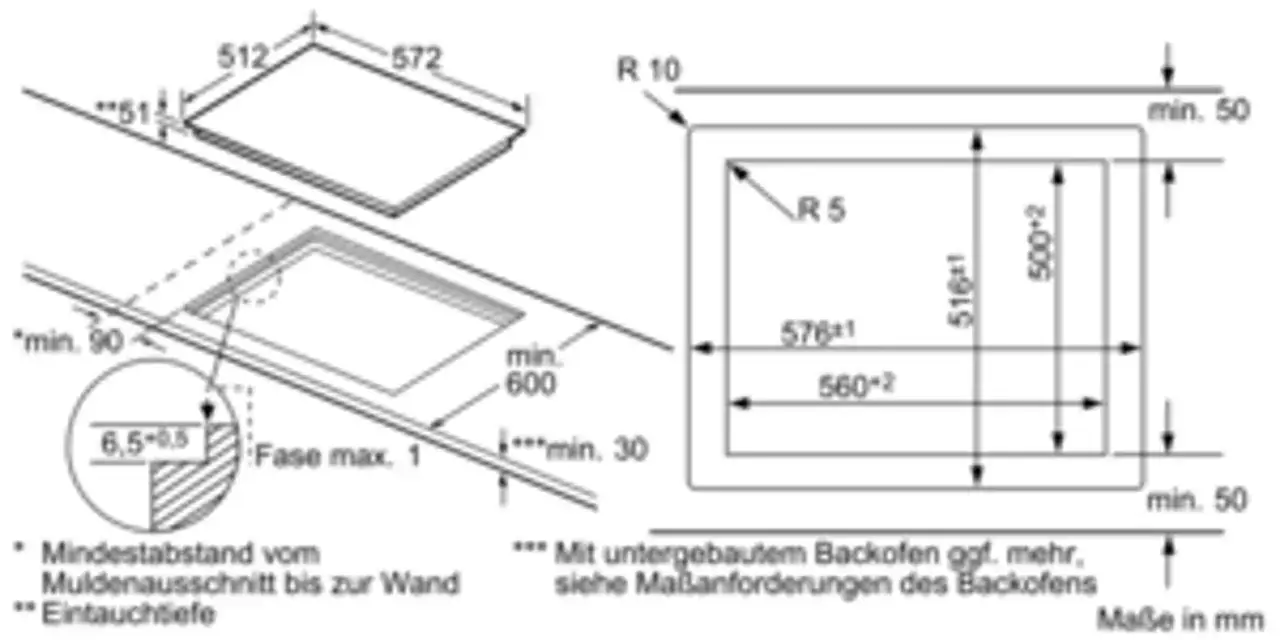 Technische Zeichnung eines Kochfelds mit Einbaumaßen. Die Breite des Kochfelds beträgt 576 mm, die Tiefe 516 mm.