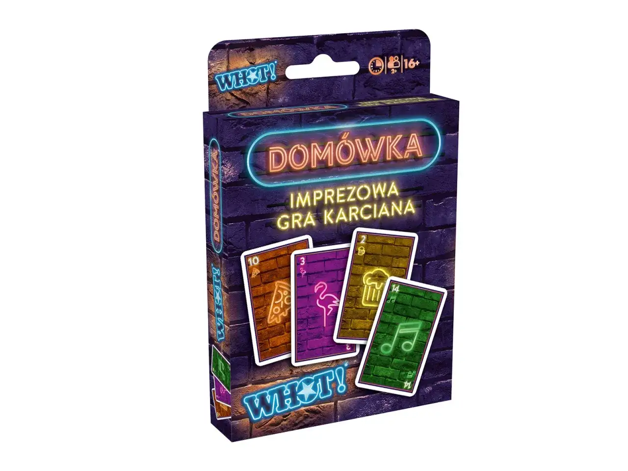 Domówka – imprezowa gra karciana dla 4 osób w domu. Neonowe karty z pizzą, flamingiem, piwem i nutą.