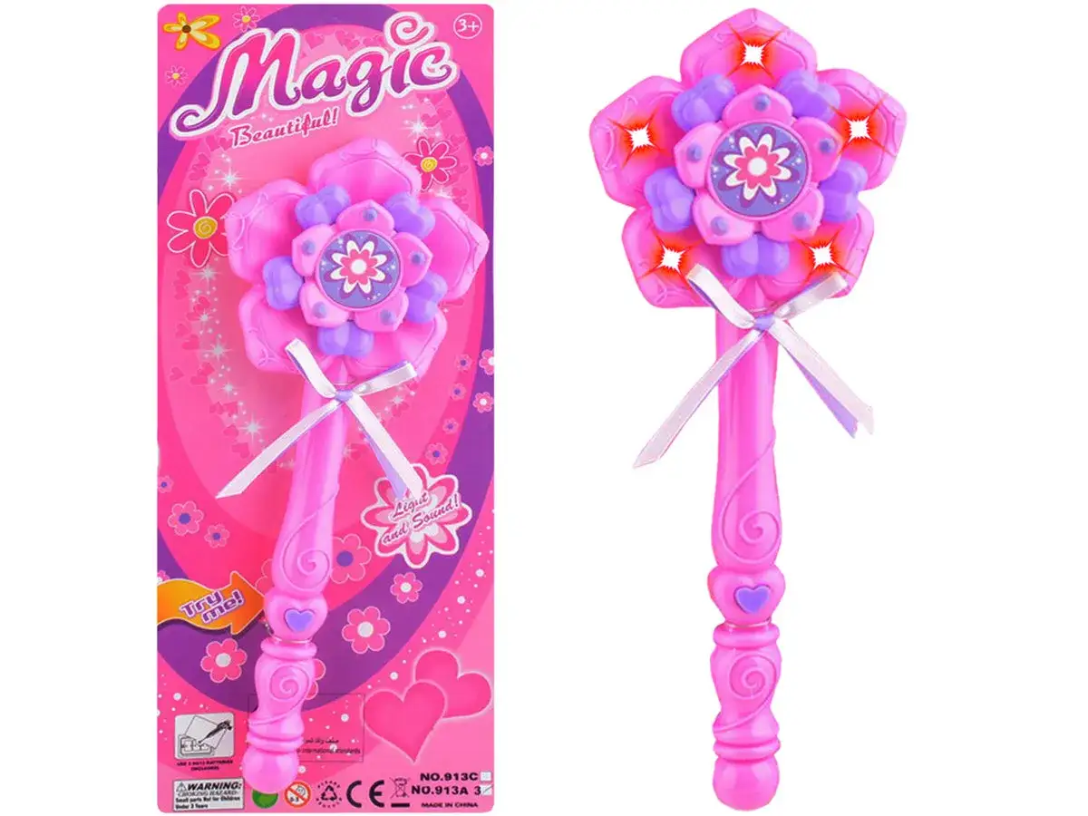 R&oacute;żowa, świecąca r&oacute;żdżka księżniczki w kształcie kwiatka z fioletowymi detalami i wstążką. Idealna do magicznych zabaw.