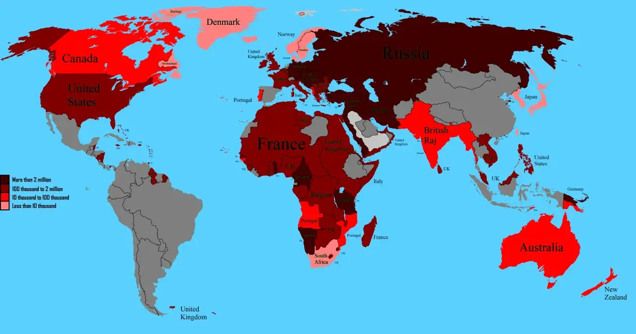 Mapa mundial muestra cuantas personas murieron en la Primera Guerra Mundial, con colores indicando cifras de bajas.