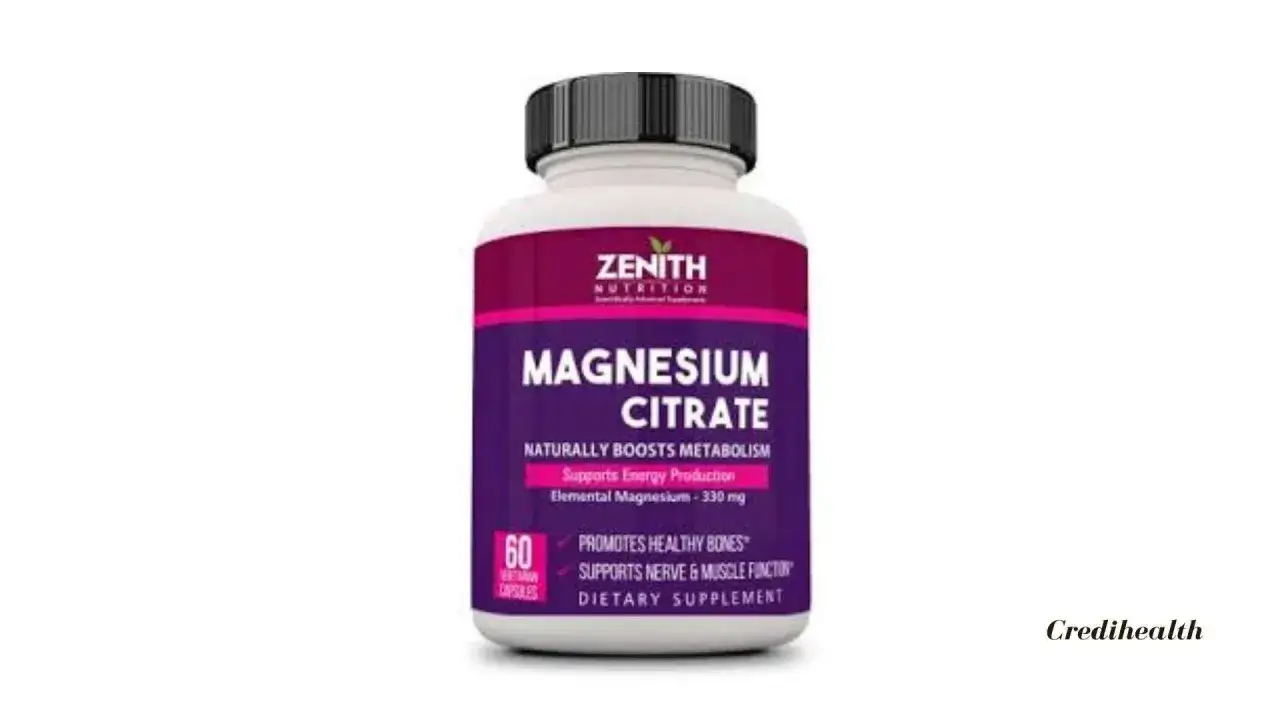 Flaska med Zenith Nutrition Magnesium Citrate. Kan ge biverkningar som magbesvär.