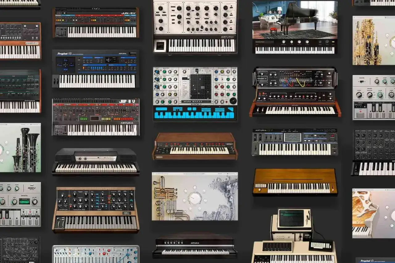 Kolekcja wirtualnych instrumentów Arturia V Collection prezentuje różnorodne syntezatory i klawiatury, od klasycznych po nowoczesne.