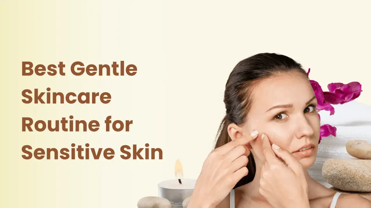 Gentle skincare tips for sensitive skin. A woman examines her face, with spa elements like flowers and stones.