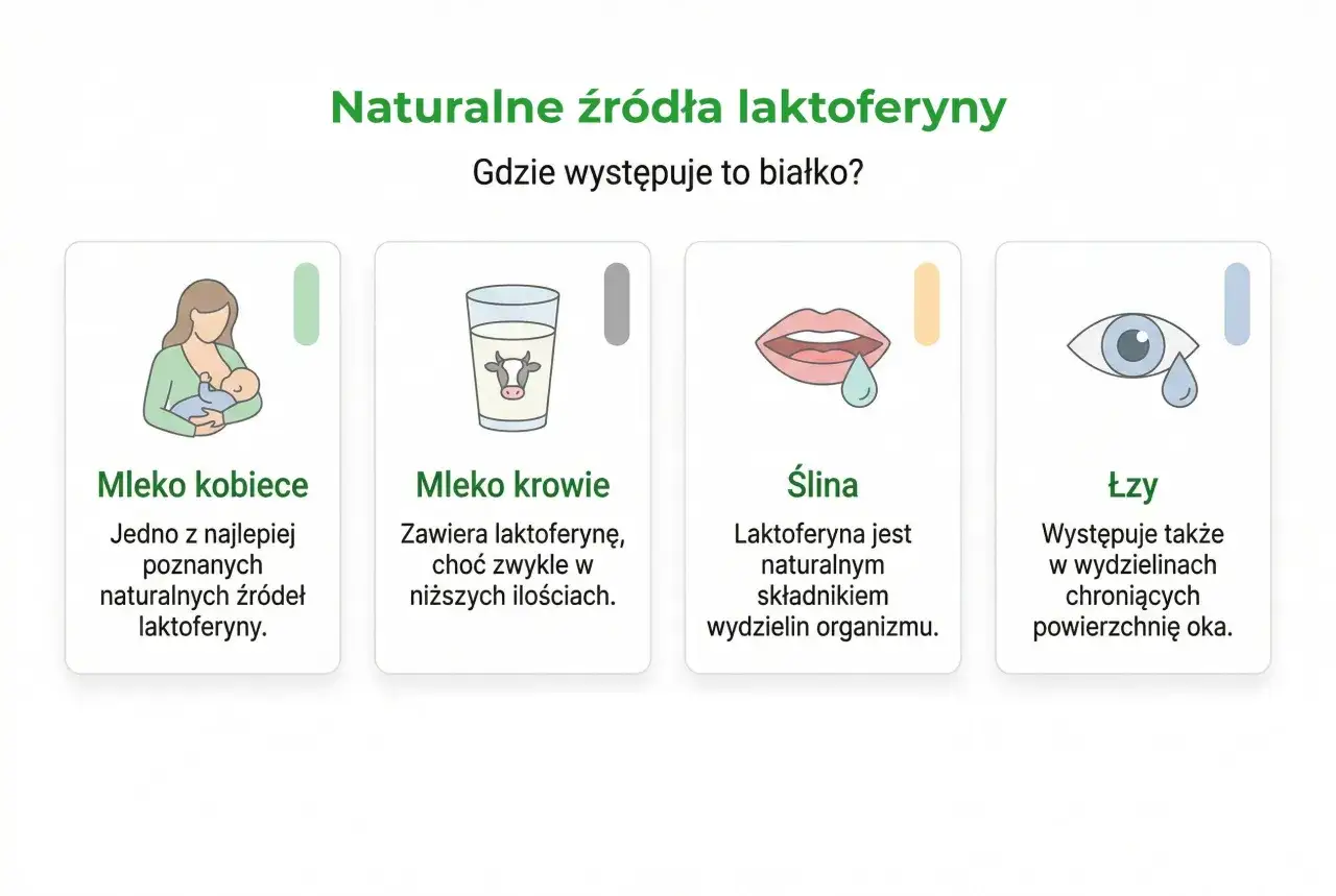 Naturalne źródła laktoferyny: mleko kobiece, mleko krowie, ślina i łzy. Laktoferyna to białko występujące w tych wydzielinach.