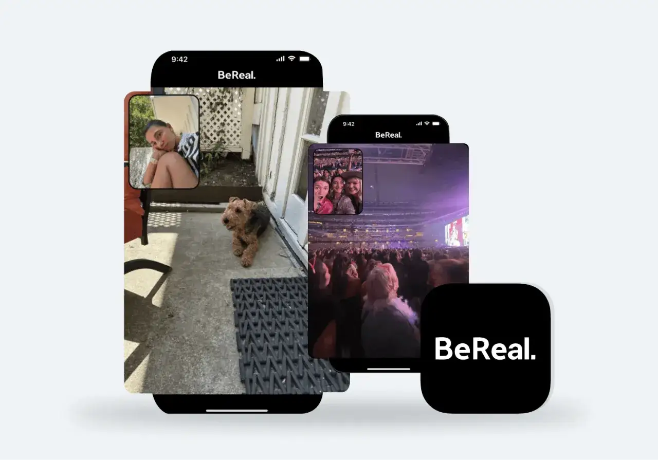 Dwa ekrany telefonu z aplikacją BeReal. Na jednym pies i dziewczyna na zewnątrz, na drugim koncert.