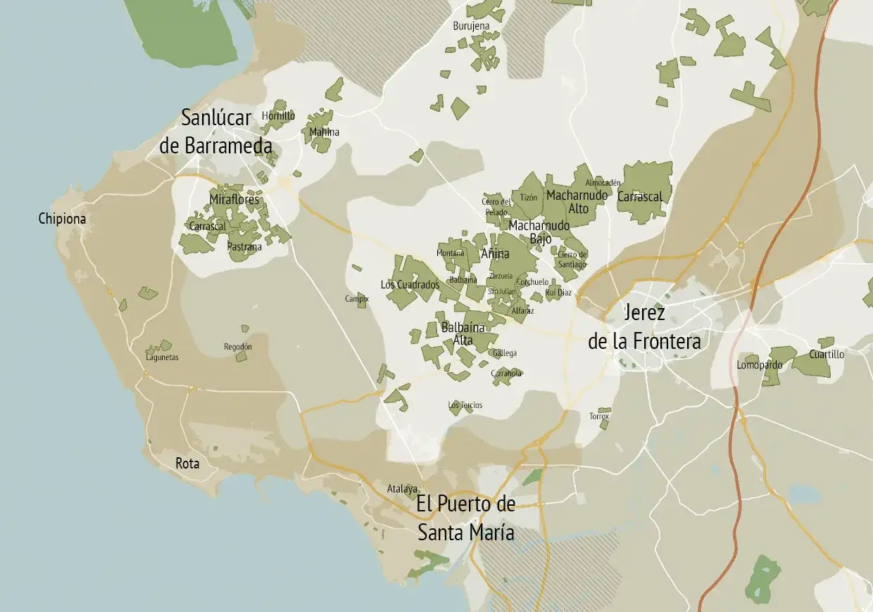 Karte zeigt Sherry-Herkunft in Andalusien, Spanien. Weinberge um Jerez, Sanl&uacute;car und El Puerto de Santa Mar&iacute;a.