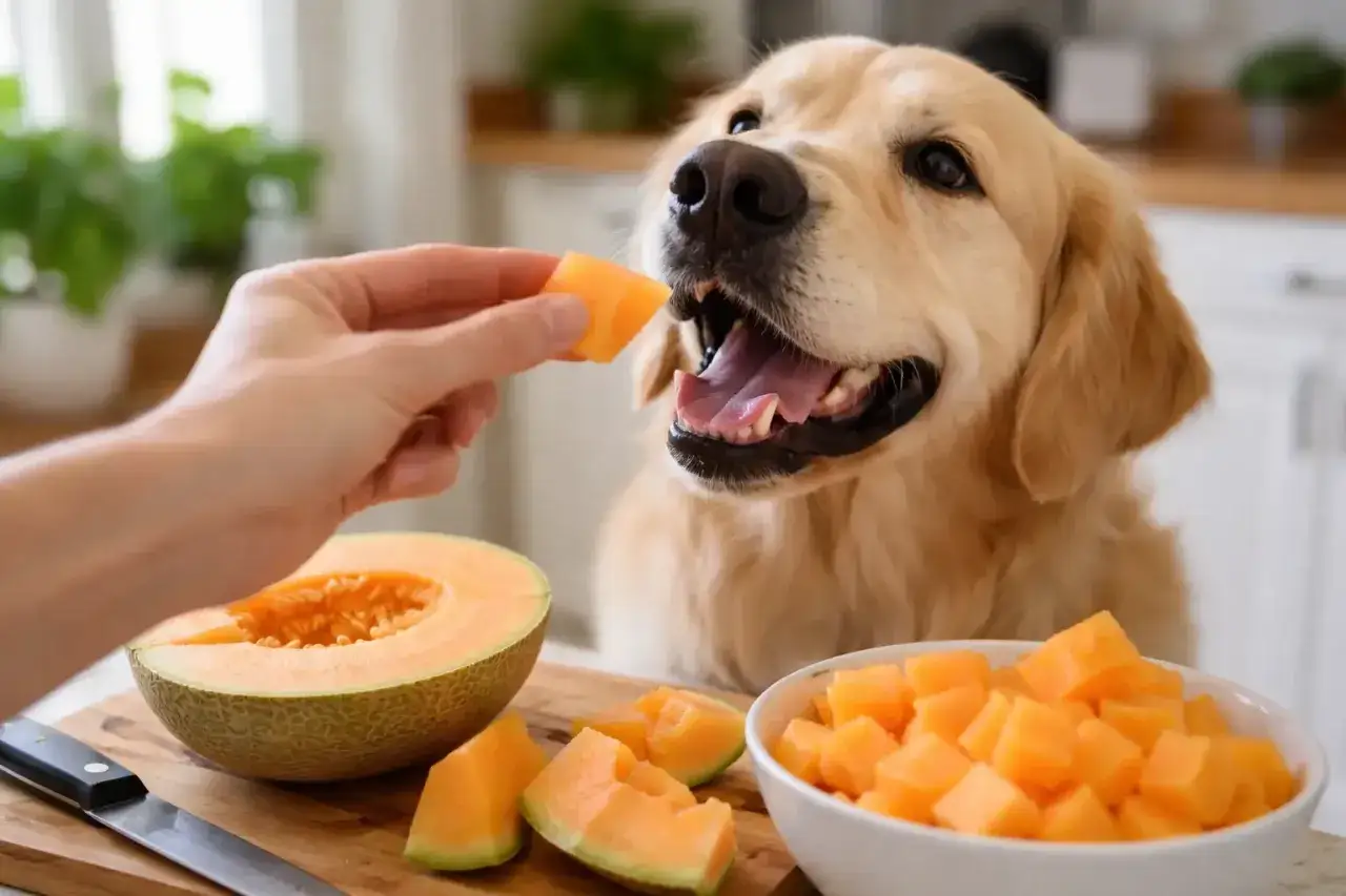Un golden retriever feliz recibe un trozo de melón de una mano. ¡Sí, los perros pueden comer melón!