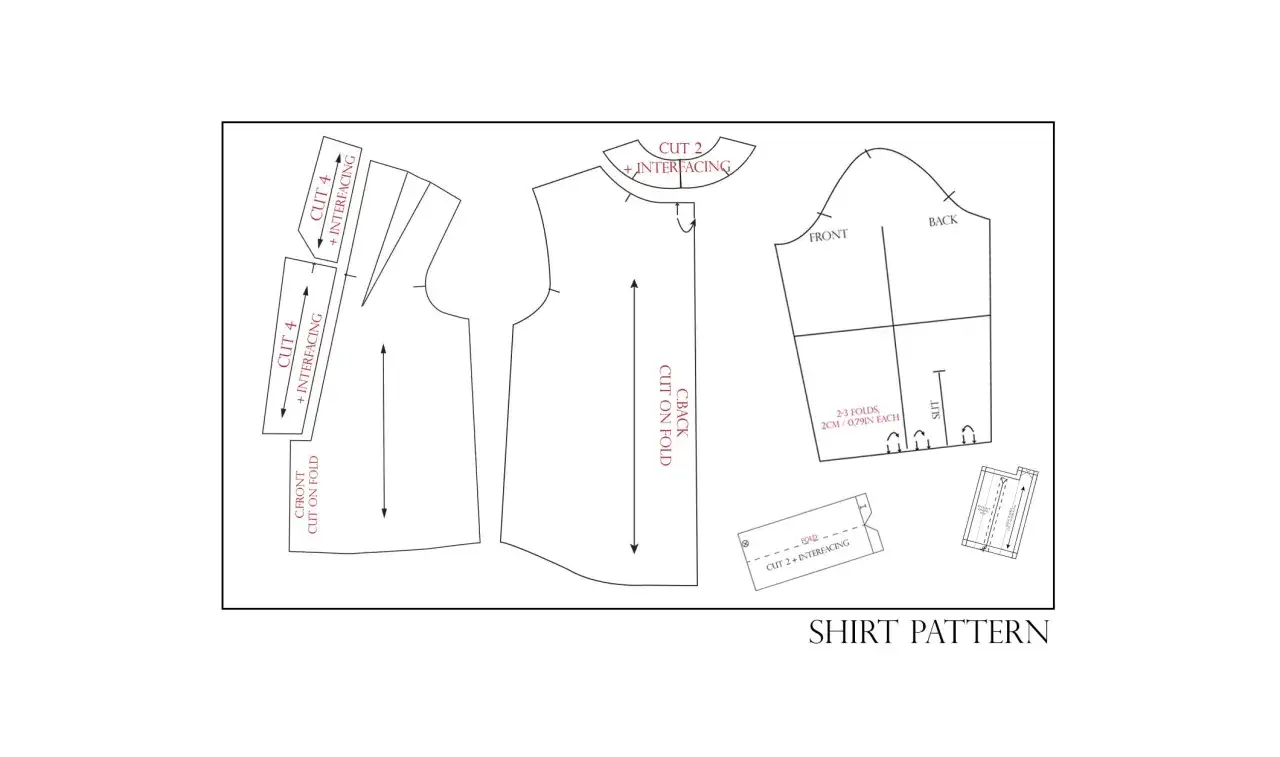 A sewing pattern for a long sleeve shirt, showing front, back, and sleeve pieces with cutting instructions and interfacing details.
