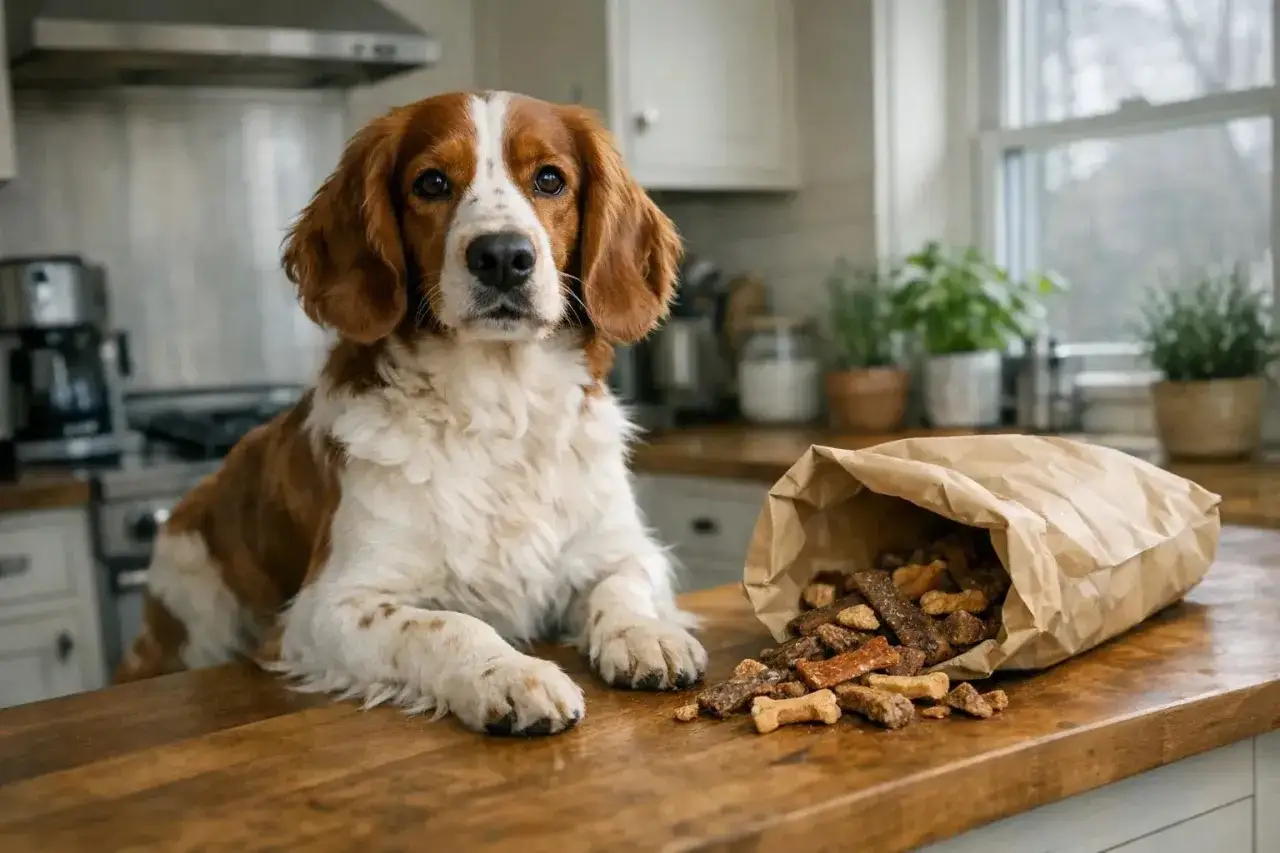 En söt welsh springer ligger på köksbänken bredvid en påse med hundgodis.