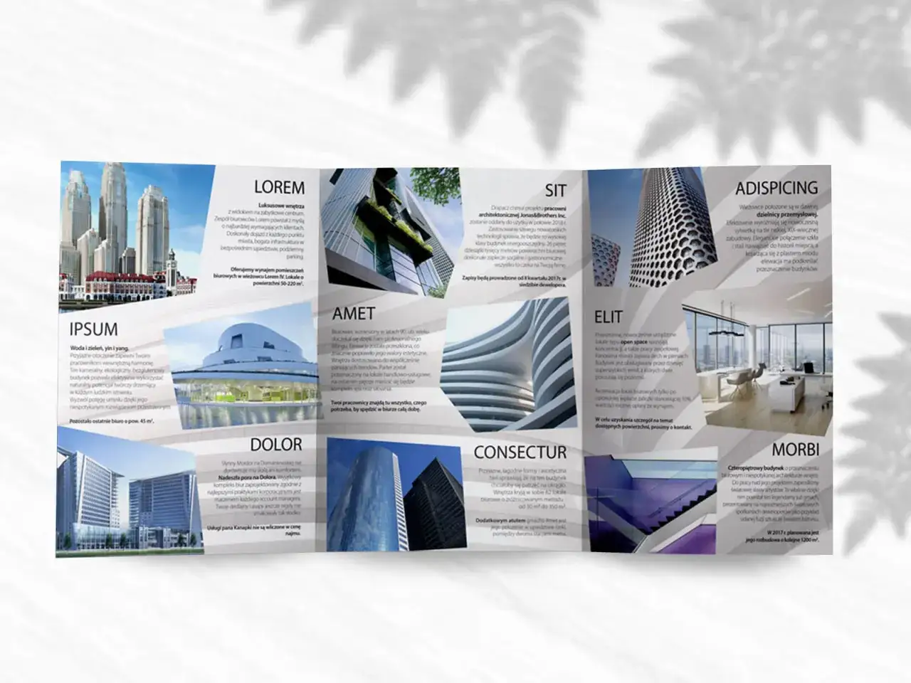 Ulotka prezentuje nowoczesne budynki biurowe: LOREM, IPSUM, AMET, SIT, ADISPICING, ELIT, DOLOR, CONSECTUR, MORBI.