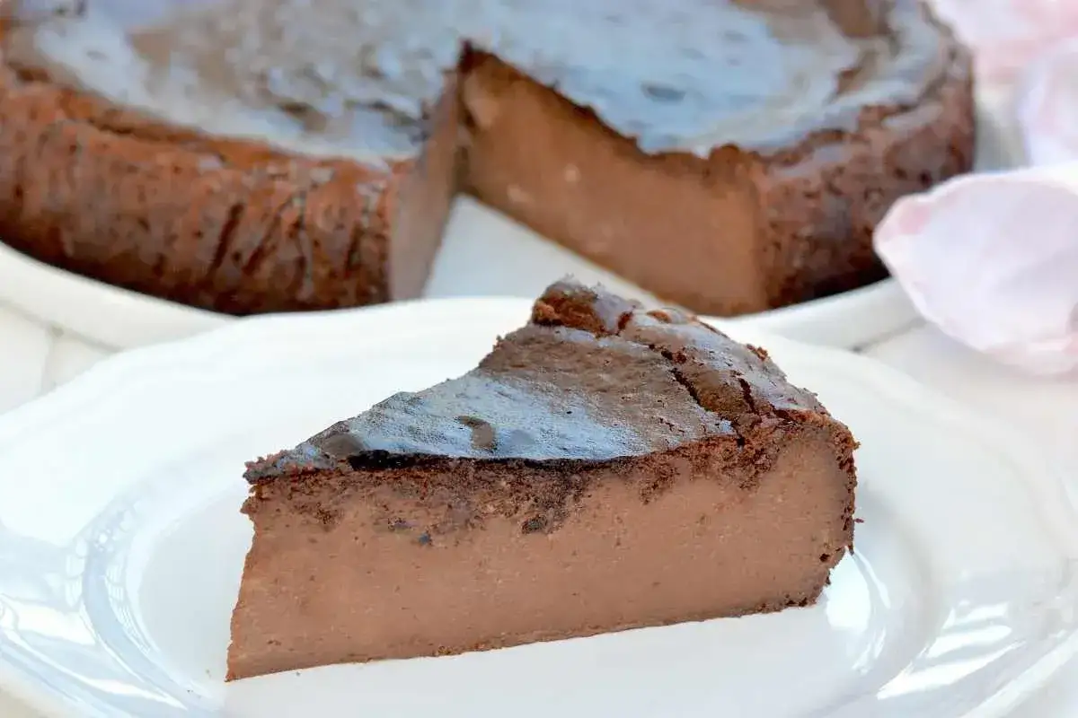Una fetta di cheesecake al cioccolato, cremosa e scura, su un piatto bianco. Sullo sfondo, la torta intera e dei petali rosa.