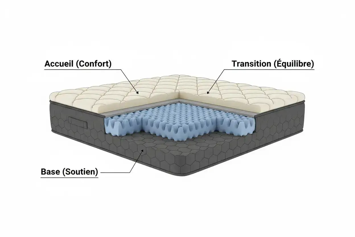 Coupe d'un matelas montrant ses couches : accueil (confort), transition (équilibre) et base (soutien). Sa bonne épaisseur de matelas assure un sommeil réparateur.