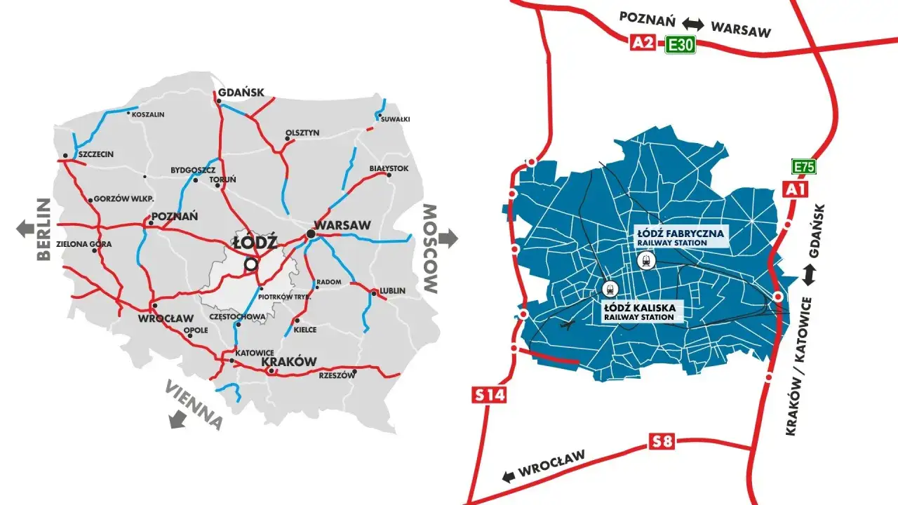 Mapa Polski z zaznaczonymi trasami. Widać połączenia drogowe i kolejowe, w tym trasę z Łodzi do Gdańska.