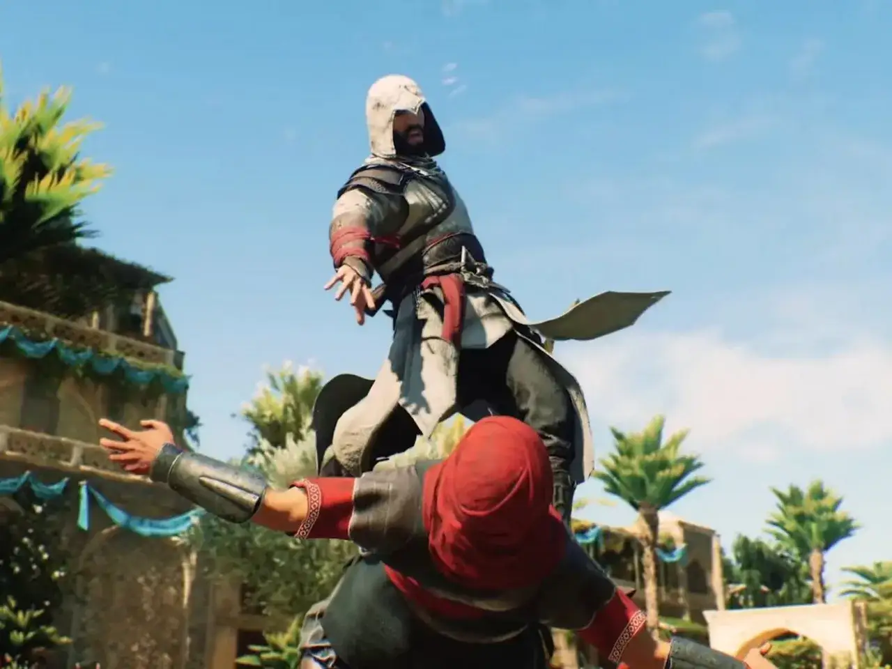 Un asesino con capucha blanca salta sobre otro con capucha roja. &iexcl;Una escena &eacute;pica de Assassin's Creed Mirage, digna de trofeos!