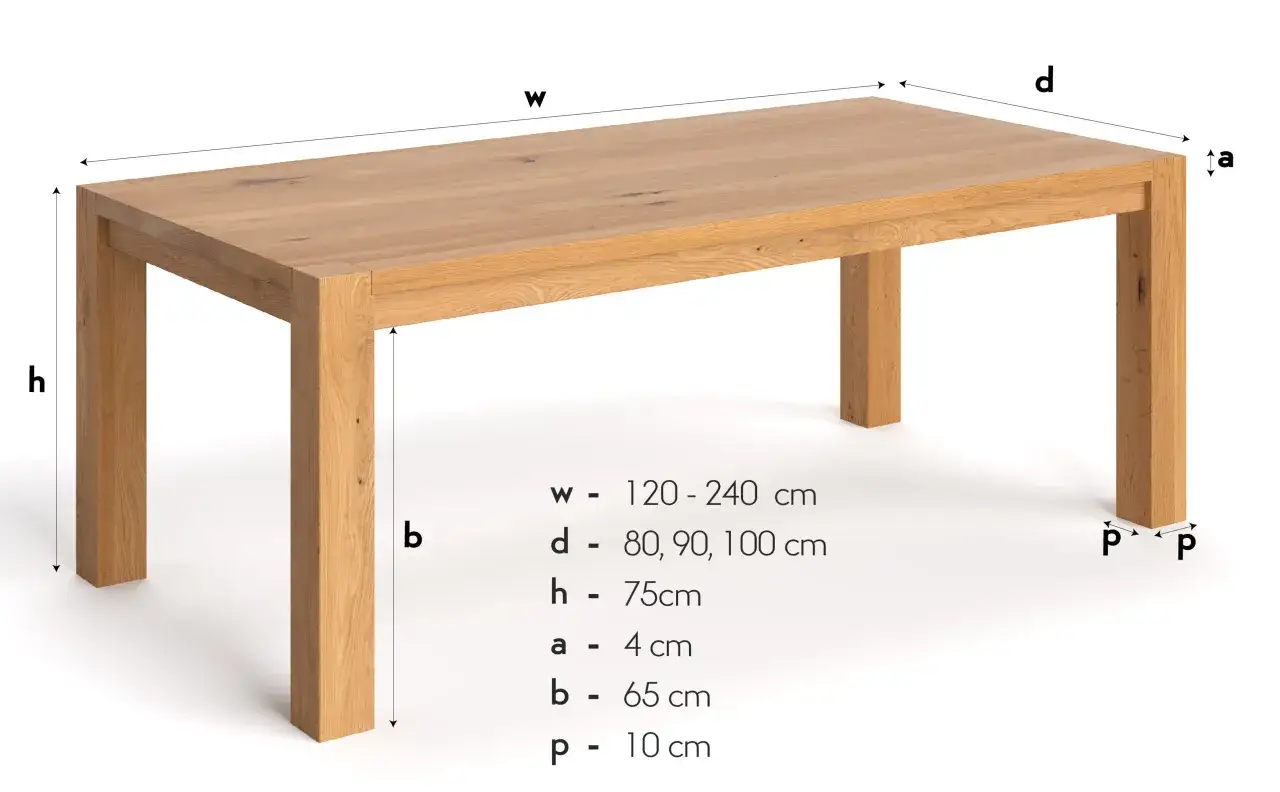 Projekt stołu drewnianego z litego dębu. Wymiary: szerokość 120-240 cm, głębokość 80-100 cm, wysokość 75 cm.