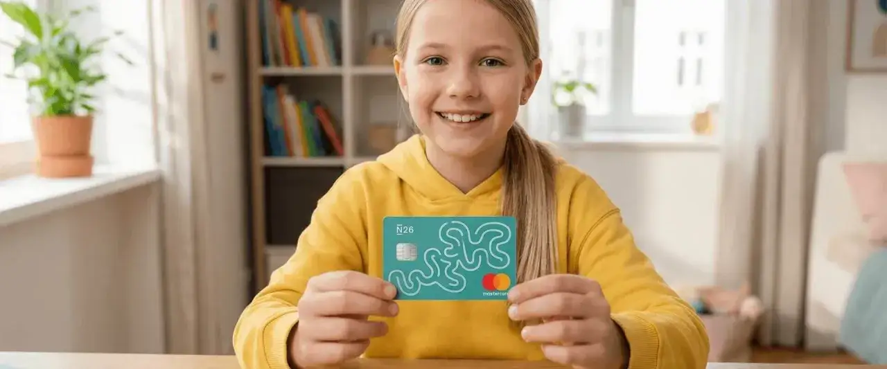 Ein lächelndes Mädchen hält stolz eine grüne kinder debitkarte mit einem Labyrinth-Design.