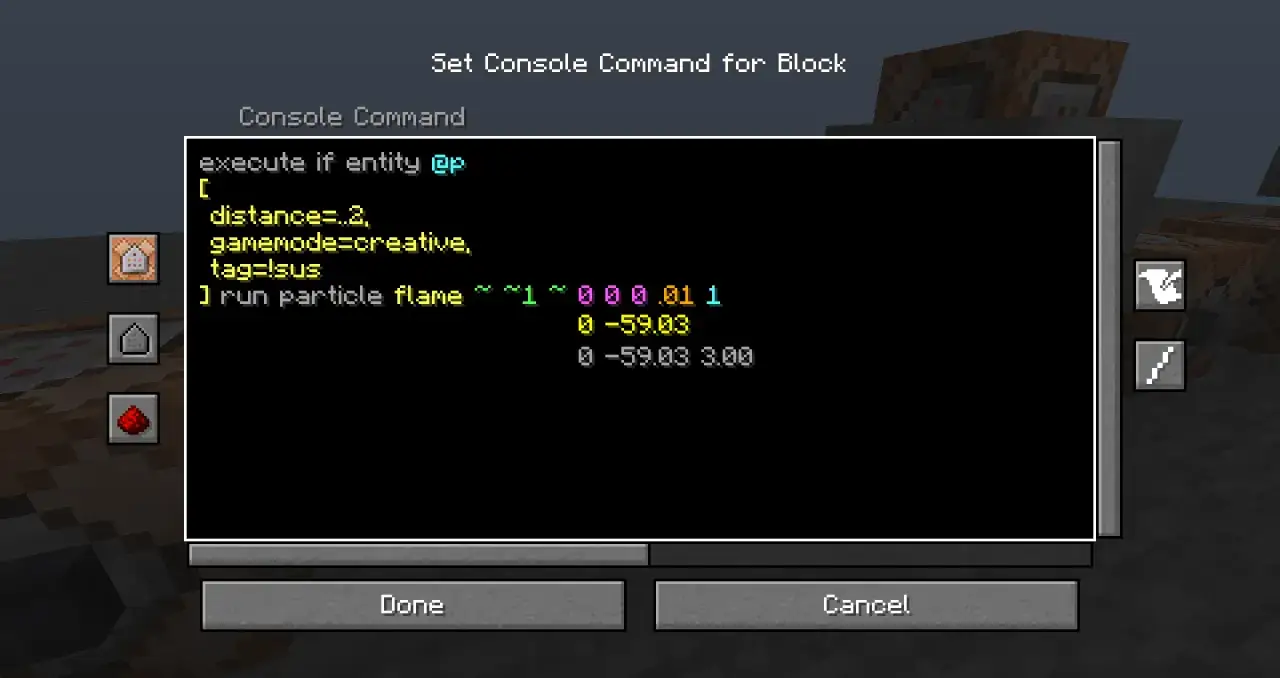 Komendy Minecraft: blok wykonuje komendę, która uruchamia efekt płomienia, gdy gracz w trybie kreatywnym jest blisko.