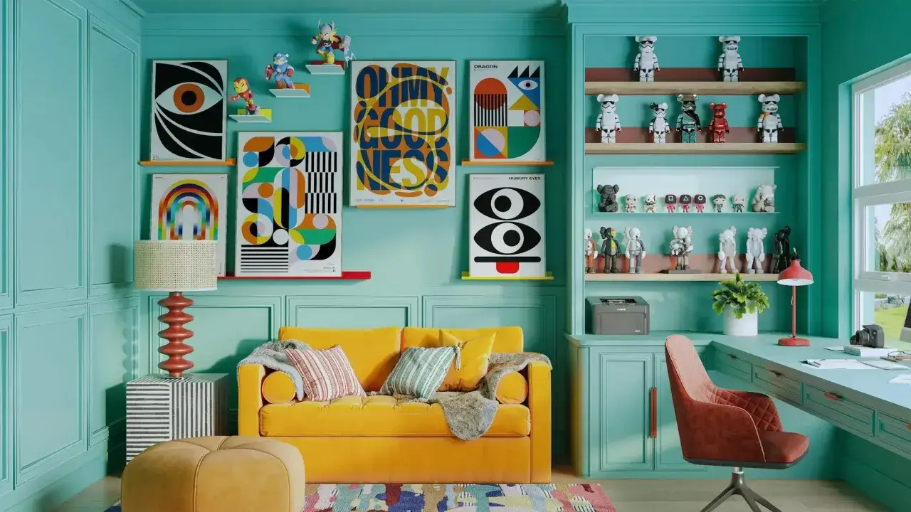 A vibrant room showcasing maximalist art, with colorful posters, designer toys, and a bright yellow sofa.