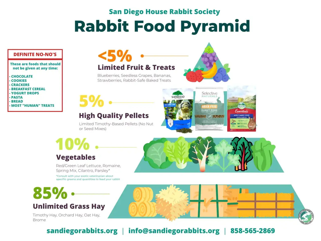 Pir&aacute;mide de la tabla de alimentos para conejos: heno ilimitado (85%), verduras (10%), pellets de alta calidad (5%) y golosinas limitadas (<5%).