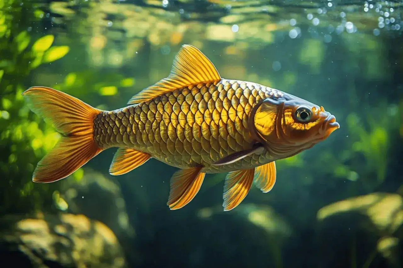Un poisson nettoyeur de bassin extérieur, aux écailles dorées, nage dans une eau verdâtre.