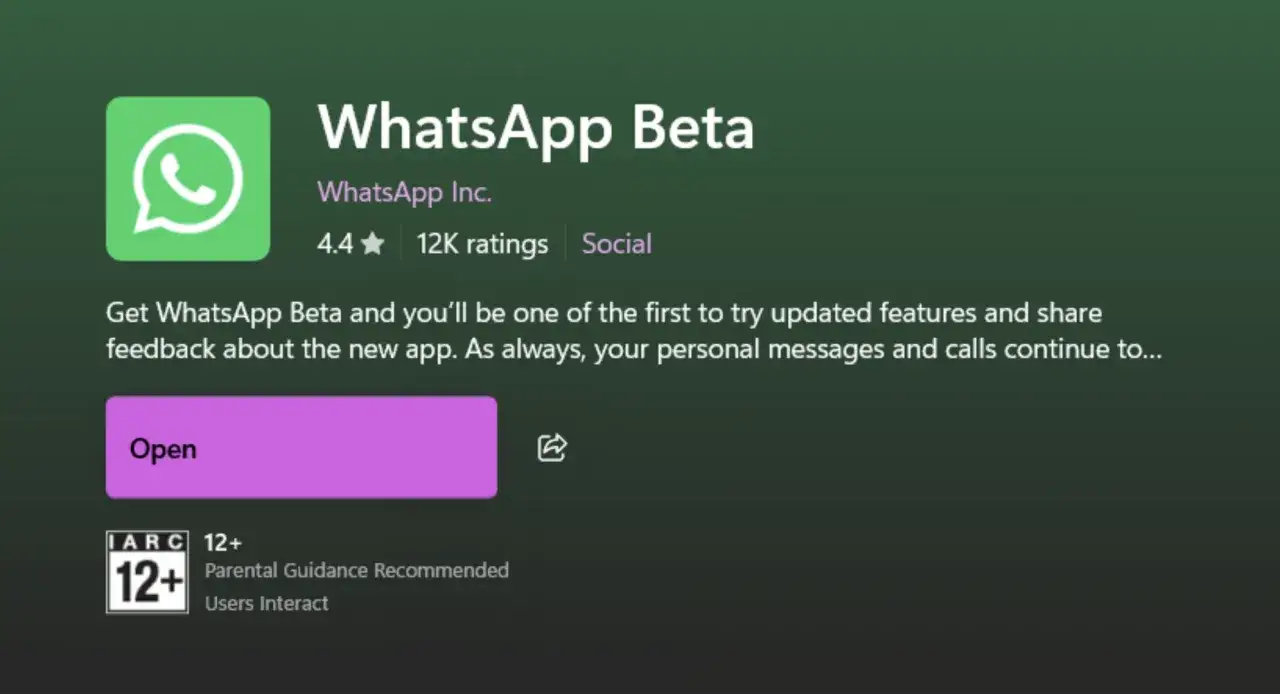 Ekran aplikacji WhatsApp Beta. Kliknij