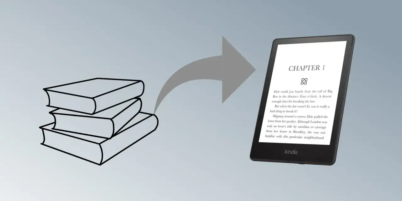 Pile de livres se transformant en liseuse Kindle. L'image illustre le concept de