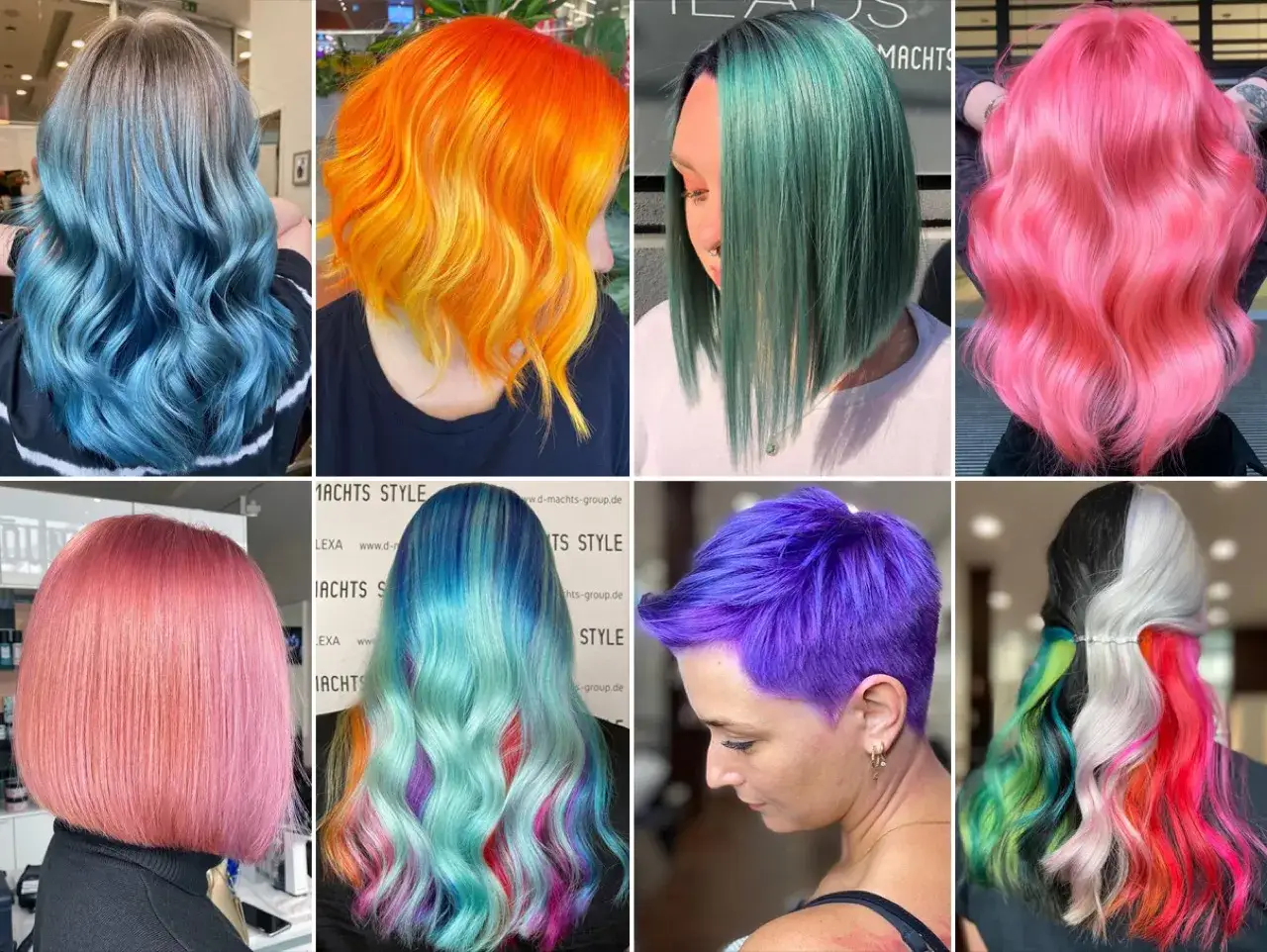 A collage of eight women with vibrant, bunte Haare: blue, orange, teal, pink, turquoise, purple, and a striking black and white with colorful streaks.