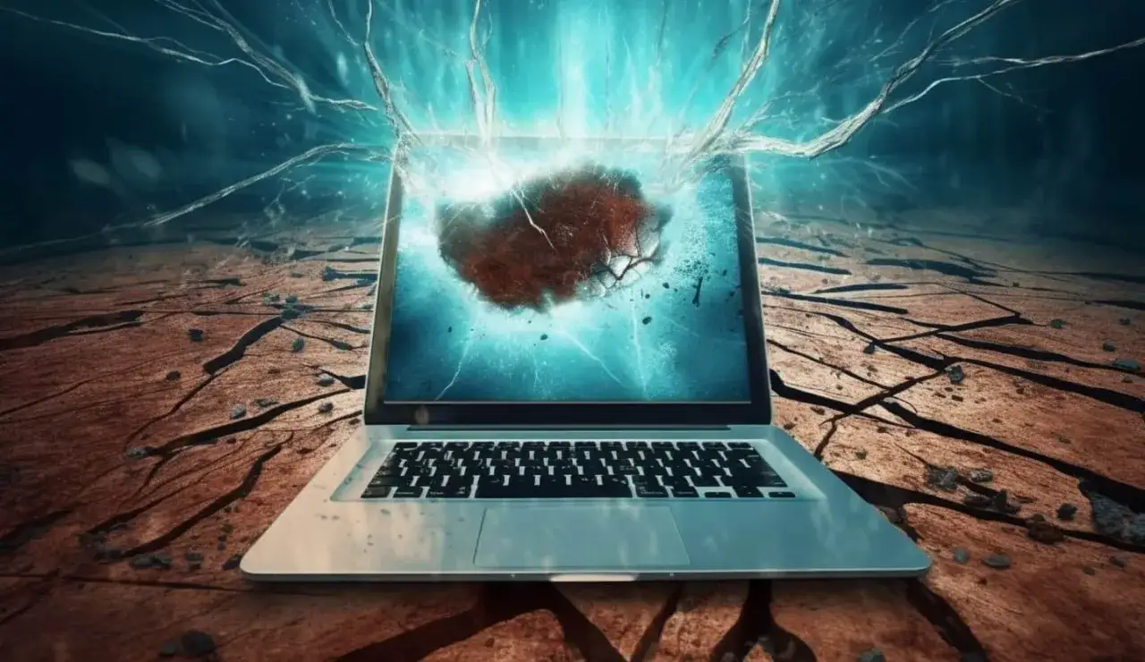 Laptop pęka pod naporem wirusa. Promienie światła przebijają ekran, symbolizując walkę z cyfrowym zagrożeniem. Anty wirus ratuje system.