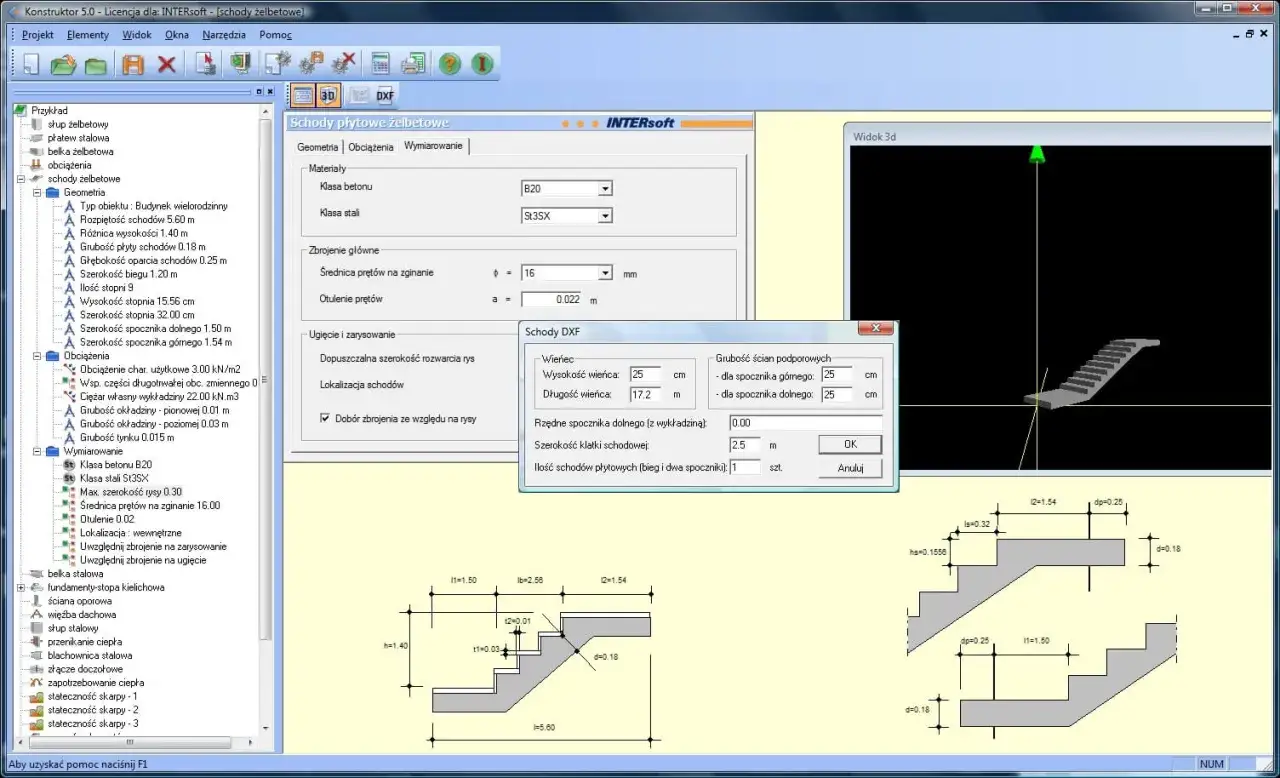 Program do projektowania schodów żelbetowych: okno z parametrami, widok 3D i rysunki techniczne.