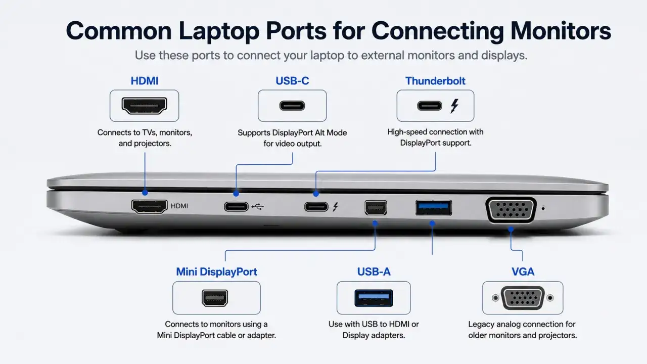 Ilustracja pokazuje porty laptopa: HDMI, USB-C, Thunderbolt, Mini DisplayPort, USB-A i VGA. Dowiedz się, jak podłączyć monitor do laptopa, korzystając z tych złączy.