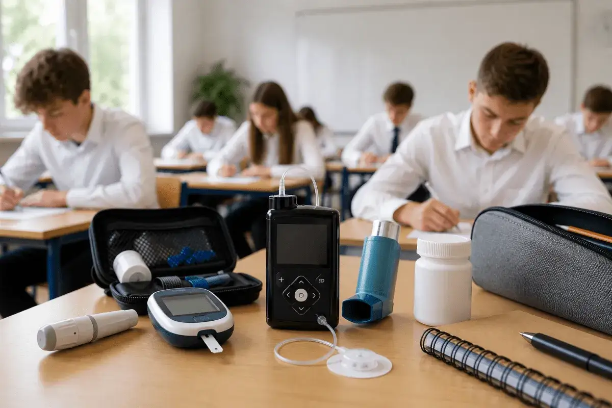 Na pierwszym planie leżą pompy insulinowe, glukometr i inhalator. W tle uczniowie piszą egzamin ósmoklasisty, co może symbolizować zwolnienie z egzaminu ósmoklasisty autyzm.