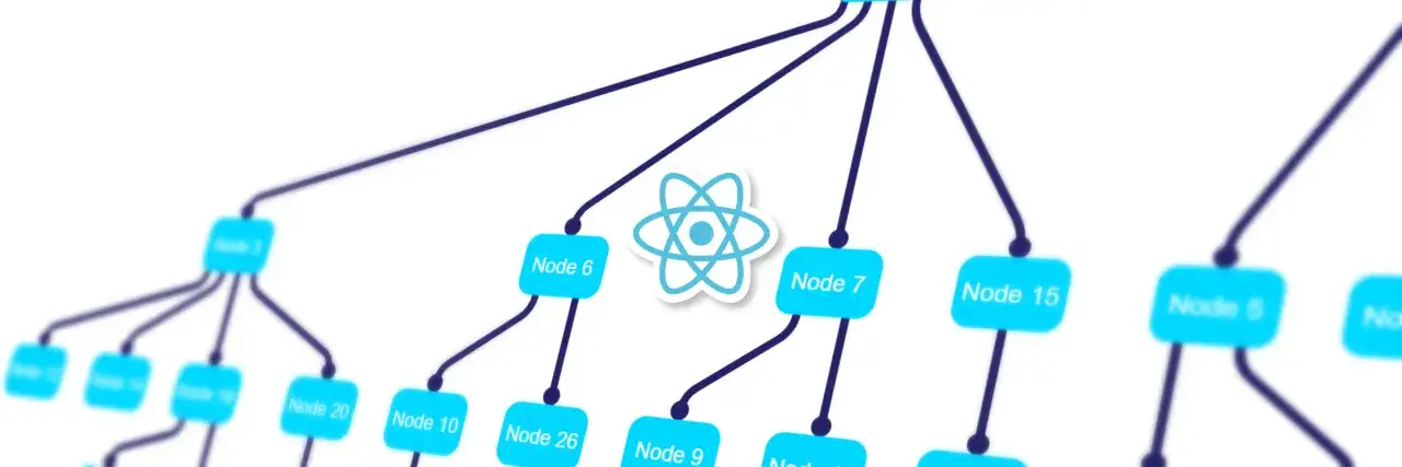 Diagrama de nodos conectados, con el logo de React en el centro. Representa la estructura de componentes, mostrando c&oacute;mo funciona React.