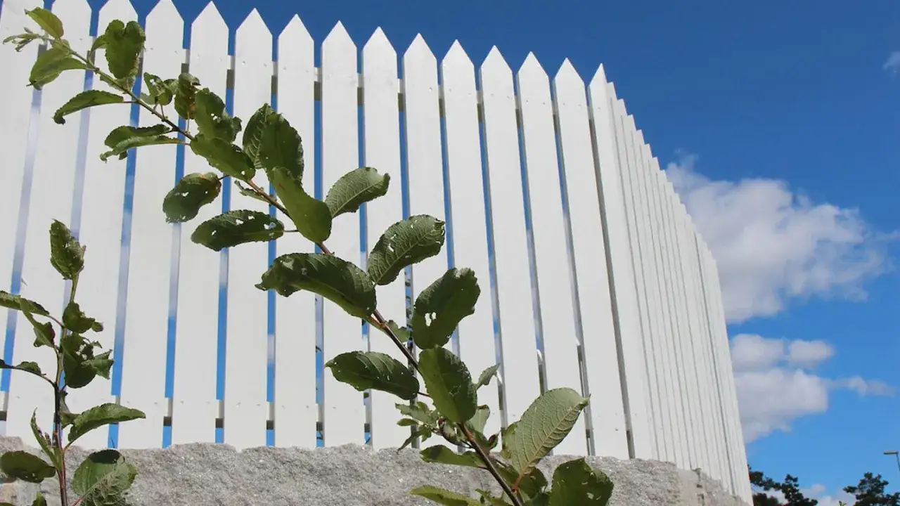Nyligen m&aring;lat staket i vitt mot en bl&aring; himmel med moln. Gr&ouml;na grenar med blad v&auml;xer framf&ouml;r staketet.