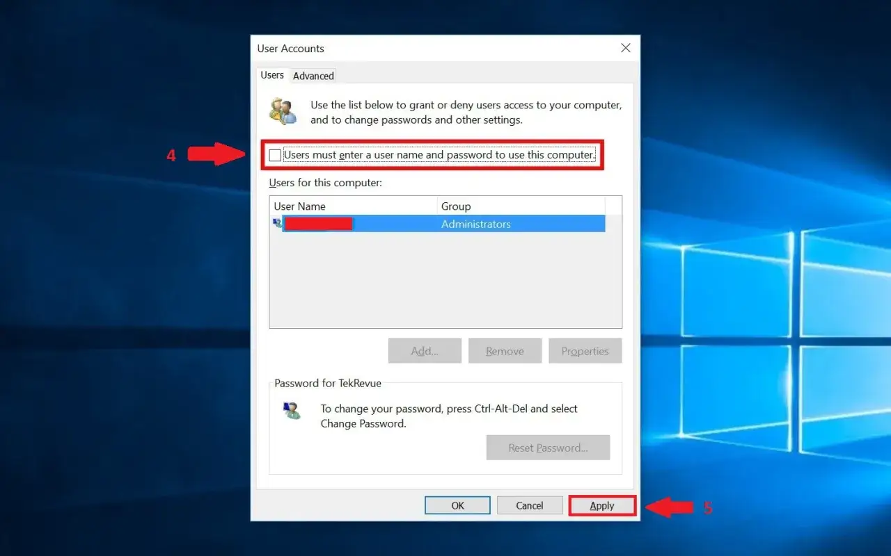 Ventana de Cuentas de Usuario en Windows 11. Se muestra la opción para quitar contraseña inicio Windows 11 desmarcando