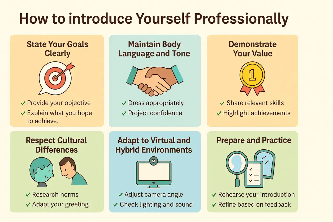 Guida su come fare **frasi di presentazione** professionali: obiettivi chiari, linguaggio del corpo, valore, rispetto culturale, ambienti virtuali e preparazione.