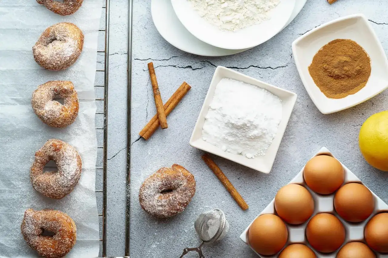 Zuckrige Apfelkrapfen, Zimtstangen, Mehl, Puderzucker und Eier liegen bereit für frische Krapfen aus der Pfanne.