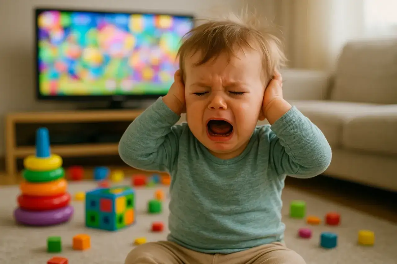 Ein weinendes Kleinkind h&auml;lt sich die Ohren zu, um laute Kinder zur Ruhe zu bringen. Spielzeug liegt verstreut herum.