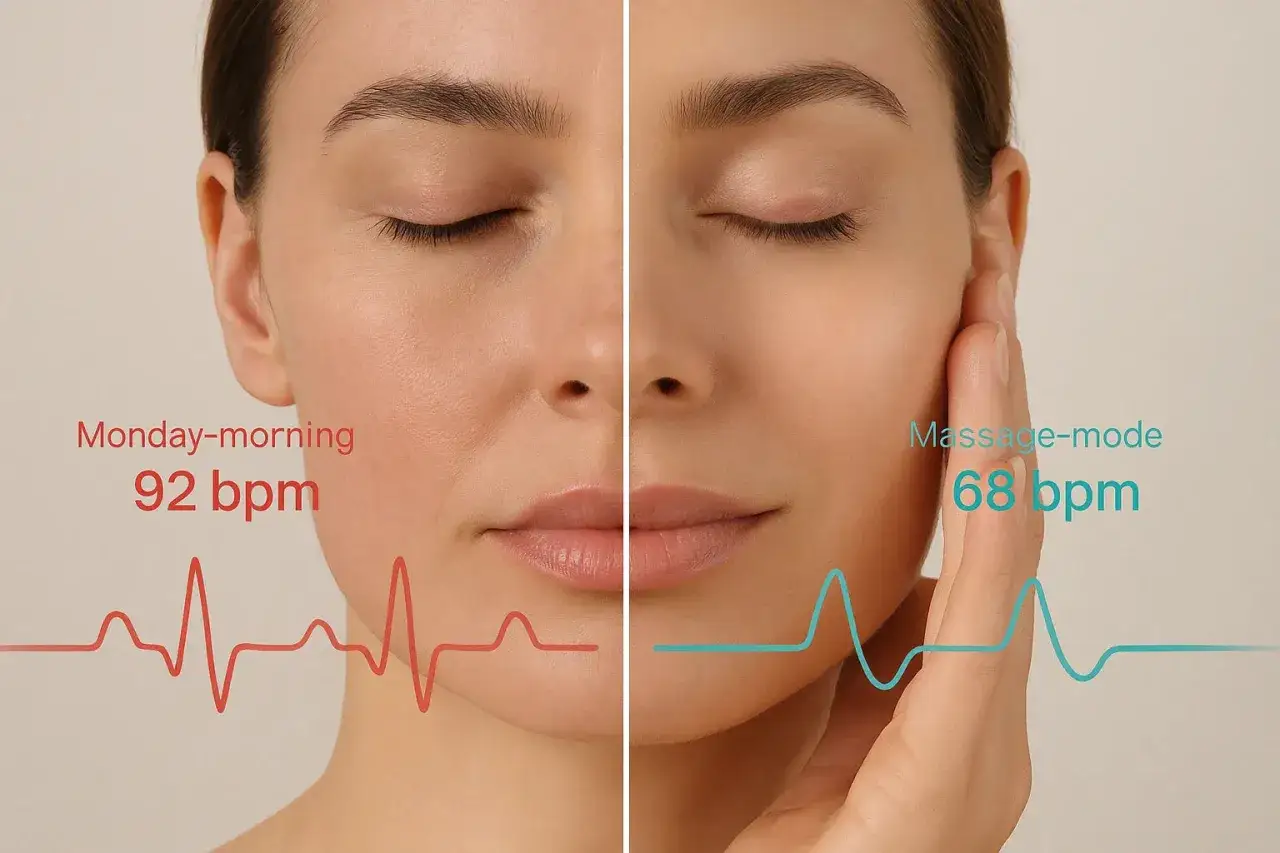Prima e dopo: massaggio rassodante che calma il battito cardiaco da 92 a 68 bpm, per un viso pi&ugrave; rilassato e tonico.